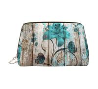 Kulturbeutel aus hochwertigem Leder mit blaugrüner Blume auf Holzplanken-Druck, wasserdicht, tragbar, offen, flach, Make-up-Tasche, gold, Eine Größe