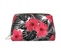 Kulturbeutel aus hochwertigem Leder mit rotem Hibiskusdruck, wasserdicht, tragbar, offen, flach, Make-up-Tasche, gold, Eine Größe