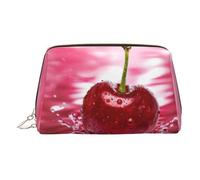 Kulturbeutel aus hochwertigem Leder mit rotem Kirschen-Aufdruck, wasserdicht, tragbar, offen, flach, Make-up-Tasche, gold, Eine Größe