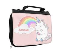 Kulturbeutel mit Namen Adriana und süßem Motiv mit Einhorn mit Donut und Regenbogen für Mädchen | Kulturtasche mit Vornamen | Waschtasche für Kinder