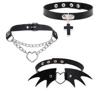 KUMSODE 3 Stück Leder Choker Damen Herz Anhänger Choker Einstellbar PU Leder Halskette Set Metall Ring Halsband Schwarz Punk Rock Gothic Halsband Kragen mit Kreis Herz für Frauen Zubehör