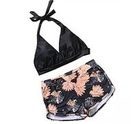 KUNIUO Sommer Split Set Erwachsene Frauen Damen Einfarbig Hängender Hals Typ Top + Blumendruck Boxer Frau Badeanzug-S,A