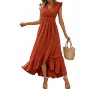 KUNJLELP Damen Sommerkleider Rüschen Ärmel V-Ausschnitt Casual Swing Elastische Taille Midi Kleid Freizeitkleider Partykleid,M,Rot-54