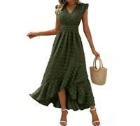 KUNJLELP Damen Sommerkleider Rüschen Ärmel V-Ausschnitt Casual Swing Elastische Taille Midi Kleid Freizeitkleider Partykleid,S,Grün-WD54