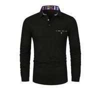 KUNJLELP Herren Poloshirt Langarm Basic Lässigem Herren Polohemd Bunt Gestreiftes Poloshirts mit Kragen Golf T Shirt,A-Schwarz,M