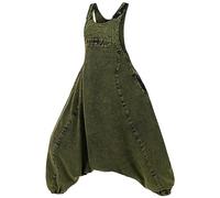 Kunst und Magie Damen Latzhose Hippie Haremshose Goa Hose Boho 70er Jumpsuit Overall Stonewashed Catsuit, Größe:M, Farbe:Army Green