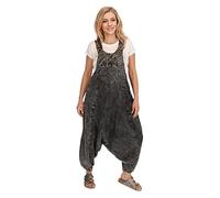 Kunst und Magie Damen Latzhose Hippie Haremshose Goa Hose Boho 70er Jumpsuit Overall Stonewashed Catsuit, Größe:L, Farbe:Grau/Schwarz