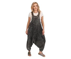 Kunst und Magie Damen Latzhose Hippie Haremshose Goa Hose Boho 70er Jumpsuit Overall Stonewashed Catsuit, Größe:XL, Farbe:Grau/Schwarz