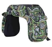 Kunst und Magie Doppelte Bauchtasche, Mandala-Muster, Festival-Gürteltasche aus Baumwolle, Verstellbarer Gurt Hippie Goa (Schwarz/Gruen)