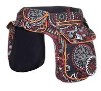 Kunst und Magie Doppelte Bauchtasche, Mandala-Muster, Festival-Gürteltasche aus Baumwolle, Verstellbarer Gurt Hippie Goa (Schwarz/Orange)
