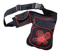 KUNST UND MAGIE Goa Schulter Bauchtasche Gürteltasche Bauchgurt Hippie PSY Festival Blumenmotiv, Farbe:Schwarz/Rot