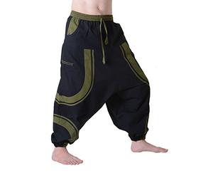 Kunst und Magie Herren-Sarouelhose in außergewöhnlichem Design - Patchwork Haremshose, Größe:L/XL, Farbe:Schwarz/Army Green