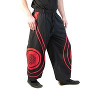 Kunst und Magie Hose Blume des Lebens Goa Hippiehose Pluderhose mit Kordelzug Gürtelschlaufen Haremshose Flower of Life, Größe:S/M, Farbe:Schwarz/Rot