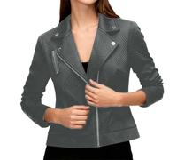 Kunstlederjacke Lederjacke Damen Kurz Bikerjacke Reverskragen Motoradjacke Leder Jacke Übergangsjacke für Frühling Herbst Wildlederjacke Sweatjacke Streetwear Winterjacke (Grey, XL)