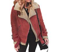 Kunstpelz Mantel Damen Lederjacke Damen Warm Winterjacke Mit Teddyfutter Revers Bomberjacke,Wildlederjacke Dicke Biker Motor ReißVerschluss Outwear (Rot, XXXXL)