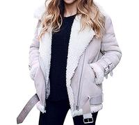 Kunstpelz Mantel Damen Lederjacke Damen Warm Winterjacke Mit Teddyfutter Revers Bomberjacke,Wildlederjacke Dicke Biker Motor ReißVerschluss Outwear (Grau, M)