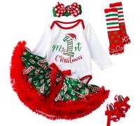 Kunyeah Baby Mädchen Erstes Weihnachtsoutfit Neugeborener Strampler Tutu Kleid Säuglingsweihnachtsrock mit Schuhen Stirnband Beinwärmer