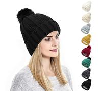 Kunyeah Damen Winter Beanie Mütze Strickmütze mit Pompon Satin Seide gefüttert Hut Warm Einfarbig Hut für Frauen Mädchen
