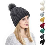 Kunyeah Damen Winter Beanie Mütze Strickmütze mit Pompon Satin Seide gefüttert Hut Warm Einfarbig Hut für Frauen Mädchen