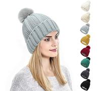 Kunyeah Damen Winter Beanie Mütze Strickmütze mit Pompon Satin Seide gefüttert Hut Warm Einfarbig Hut für Frauen Mädchen