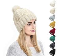 Kunyeah Damen Winter Beanie Mütze Strickmütze mit Pompon Satin Seide gefüttert Hut Warm Einfarbig Hut für Frauen Mädchen
