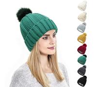 Kunyeah Damen Winter Beanie Mütze Strickmütze mit Pompon Satin Seide gefüttert Hut Warm Einfarbig Hut für Frauen Mädchen