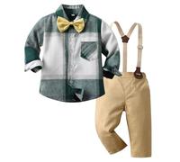 Kunyeah Junge Gentleman Plaid Outfits Kleinkind Langarm-Shirt mit Schleife Krawatten Hosenträger Hosen Kind Kleid Anzug für 1-7 Jahre