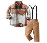 Kunyeah Junge Gentleman Plaid Outfits Kleinkind Langarm-Shirt mit Schleife Krawatten Hosenträger Hosen Kind Kleid Anzug für 1-7 Jahre