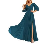 KURFACE Brautjungfernkleid mit zurückhaltendem V-Ausschnitt Lang Abendkleid Partykleid für Damen Junioren, türkis (turquise), 38