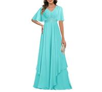KURFACE Chiffon-Kleid mit Flatterärmeln und V-Ausschnitt, für die Brautmutter mit Spitzenapplikation, formelles Abendkleid, Partykleid, türkis, 32