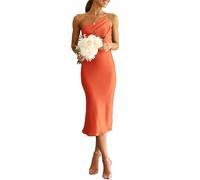 KURFACE Damen Midi-Satinkleid, eine Schulter, Spaghettiträger, rückenfrei, gerüscht, Sommer, figurbetont, WSX520, Orange, 36