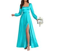 KURFACE Damen Satin Langarm Brautjungfernkleider mit Schlitz Korsett Quadratischer Ausschnitt Formelles Kleid Abendkleid, türkis, 32