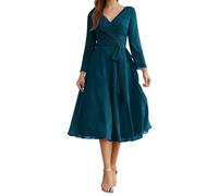 KURFACE Damenkleid, V-Ausschnitt, Chiffon, für die Brautmutter in Tee-Länge, A-Linie, formelles Kleid, Abendkleid, Partykleid, blaugrün, 40