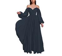 KURFACE Hochzeitsgästekleider A-Linie schulterfrei Sweeheart Puffy Langarm Outdoor Geburtstag Abend Party Kleider für Frauen, marineblau, 54 Plus