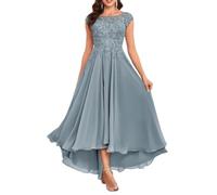 KURFACE Knielange Brautmutter-Kleider für Hochzeit aus Spitze und Chiffon, formelles Abendkleid für Damen mit Taschen, dusty blue, 44