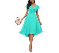 KURFACE Kurzes Brautjungfernkleid für Damen, für Hochzeit, Party, Rüschen, V-Ausschnitt, Chiffon, Abendkleid, formelles Kleid, türkis, 38