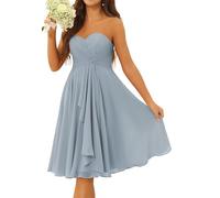 KURFACE Kurzes Chiffon-Kleid für Brautjungfern, plissiert, gerüscht, trägerlos, knielang, formelles Kleid, dusty blue, 34