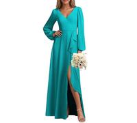 KURFACE Langärmeliges Brautjungfernkleid mit Schlitz, gerüscht, Chiffon, V-Ausschnitt, formelles Abendkleid für Damen, türkis, 34