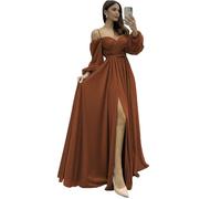KURFACE Schulterfreies Chiffon-Brautjungfernkleid für Damen, langärmelig, Hochzeitskleid, WSX524, rust, 42