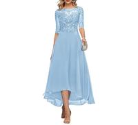 KURFACE Spitzen-Applikation, Tee-Länge, Brautmutter-Kleider für Hochzeit, mit Ärmeln, langes Chiffon-Abendkleid, hellblau, 44
