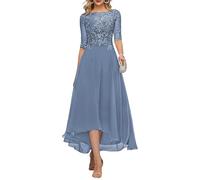 KURFACE Spitzen-Applikation, Tee-Länge, Brautmutter-Kleider für Hochzeit, mit Ärmeln, langes Chiffon-Abendkleid, dusty blue, 48