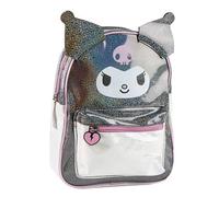 Kuromi Hello Kitty Kinderrucksack für Mädchen, offizielles Lizenzprodukt, glänzend, Schwarz/Silber, Fronttasche mit Reißverschluss und verstellbaren Trägern, Freizeit und Spaziergänge