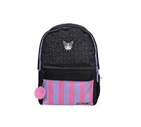 Kuromi Schulrucksack, anpassbar an Trolley, Laptop-Fach, innen komplett gefüttert und personalisierbar, mit POM-POM-Zubehör, 42 x 31 x 13,5 cm