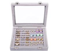 Kurtzy Jewelry Organizer Ring Aufbewahrung Schmuckkasten Grau, Samt Box mit Glas Deckel & 7 Schlitze - Schmuckaufbewahrung Schmuckschatulle Ringaufbewahrungs Box für Ringe, Ohrringe, Manschettenknöpfe