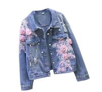 Kurz Geschnittene Damen-Jeansjacke - Stickerei, Dreidimensionale Blumen-Jeansjacke, Perlenperlen, Zerrissene Loch-Bomber-Oberbekleidung, Blau, S