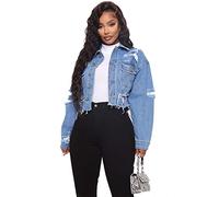 Kurz geschnittene zerrissene Jeansjacke für Damen Lässiger Button-Down-Vintage-Jeansmantel mit ausgefranstem Saum,M