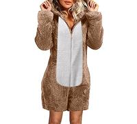 Kurz Jumpsuit Damen Kuschelig Schlafoverall Teddy Fleece Schlafanzug Flauschig Einteiler Onesie Einfarbig Overall Warm Winter Hausanzug mit Reißverschluss, warme Kapuze, Plüsch-Nachtwäsche