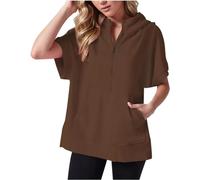 Kurzärmelige Oversize-Hoodies für Damen, Sommer, lässig, halber Reißverschluss, einfarbig, Flügelärmel, Y2K-Pullover, Tops mit Kängurutasche, Y2K, Teenager-Outfit, braun, 48