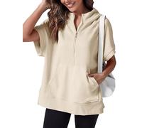Kurzärmelige Oversize-Hoodies für Damen, Sommer, lässig, halber Reißverschluss, einfarbig, Flügelärmel, Y2K-Pullover, Tops mit Kängurutasche, Y2K, Teenager-Outfit, beige, 46
