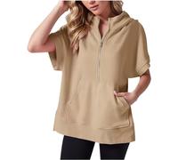 Kurzärmelige Oversize-Hoodies für Damen, Sommer, lässig, halber Reißverschluss, einfarbig, Flügelärmel, Y2K-Pullover, Tops mit Kängurutasche, Y2K, Teenager-Outfit, khaki, 48